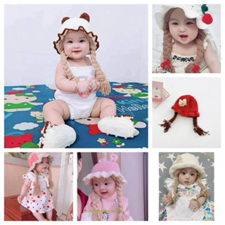 Mũ len tóc giả thắt bím cho bé, nón len tóc giả cho bé, mũ len tóc giả bé gái