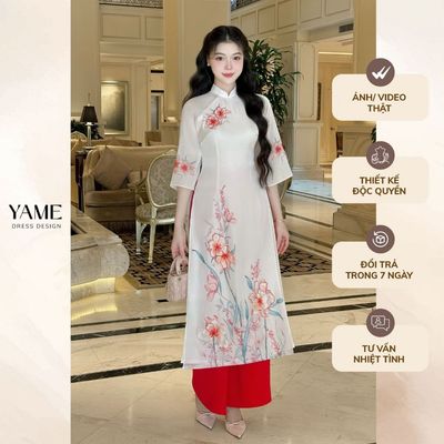 Áo dài vải tơ óng màu trắng đính kết hoa đỏ cam dáng ôm eo nhẹ YAME YAD509
