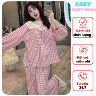Bộ pyjama kẻ caro tay dài quần dài siêu xinh chất cotton xốp mềm mát phối ren bèo dáng tiểu thư siêu xinh CARY