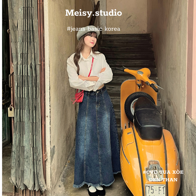 Chân váy jeans bò nữ dáng xòe dài cạp lưng cao chất không co giãn phong cách Hàn Quốc Meisy | BigBuy360 - bigbuy360.vn
