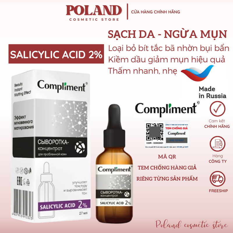 Serum Compliment BHA 2% 27ML giúp làm sạch sâu, giảm mụn, se khít lỗ chân lông, kiềm dầu trên da