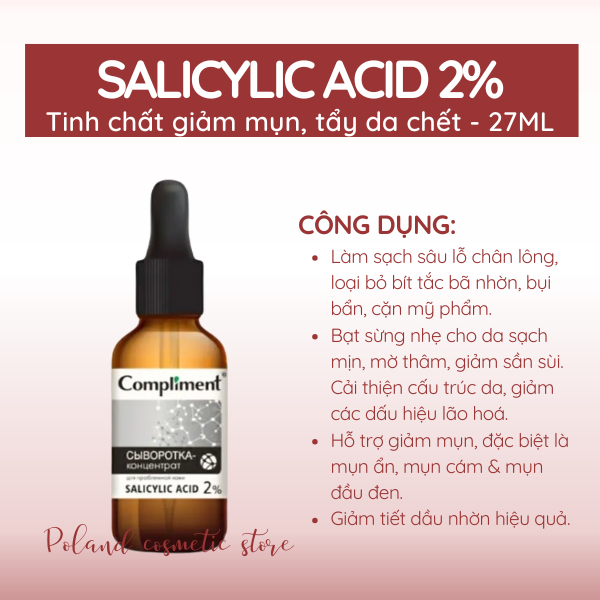 Serum Compliment BHA 2% 27ML giúp làm sạch sâu, giảm mụn, se khít lỗ chân lông, kiềm dầu trên da
