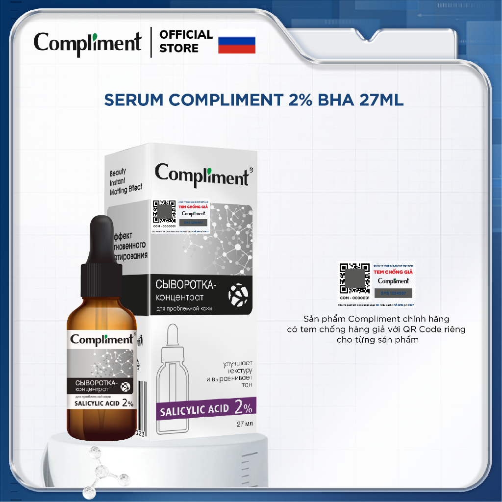 Serum Compliment BHA 2% 27ML giúp làm sạch sâu, giảm mụn, se khít lỗ chân lông, kiềm dầu trên da