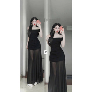 váy trễ vai nhún eo dáng dài cho nữ dự tiệc thanh lịch sang chảnh A2207