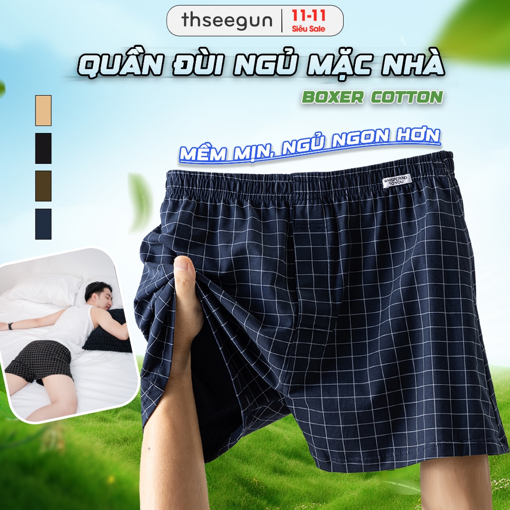 Quần Ngủ Nam Cotton Kate Mềm Mại Thoáng Mát, Quần Đùi Mặc Ở Nhà Mùa Hè THSEEGUN Họa Tiết Kẻ, Big Size, Mix Nhiều Màu