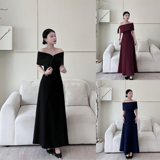 Đầm Cup Xòe Dáng Dài Phối Bản Trễ Vai, Vải Kaki Thun 2 Lớp,Đầm Dự Tiệc Nữ Sang Trọng - LYC