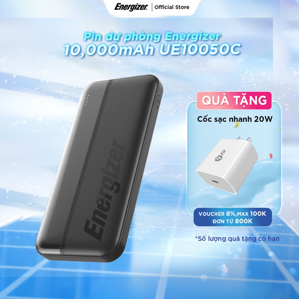 Sạc dự phòng Energizer 10000mAh UE10050C - 3 cổng sạc ra tiện lợi- Hàng chính hãng, bảo hành 2 năm