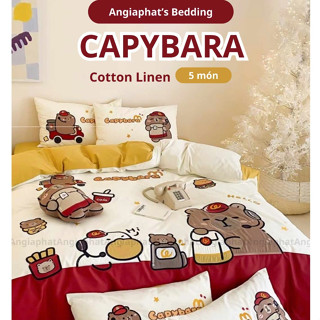 Bộ Chăn Ga Cotton Linen CAPYBARA Cho Bé - Tặng kèm Gấu Bông - Mềm mịn thoáng mát an toàn - Ga may theo size nệm