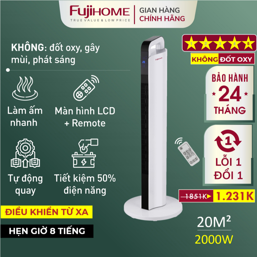 Máy sưởi gốm không khô da FujiHome cân bằng ẩm, lò quạt sưởi phòng điều khiển từ xa tiết kiệm điện