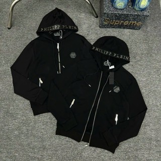  Áo Khoác Hoodie zip Nam Nữ Philipp Plein Nỉ Chân Cua Thêu Logo Sắt Phối Viền Mũ Vạch Da Tag Chữ Siêu Hot 2024 