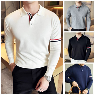 Áo len nam có cổ dài tay, Áo Polo dệt kim dài tay Hàn Quốc, Chất Len Lông Cừu, Mềm Mại, Co Giãn, cổ lọ công sở