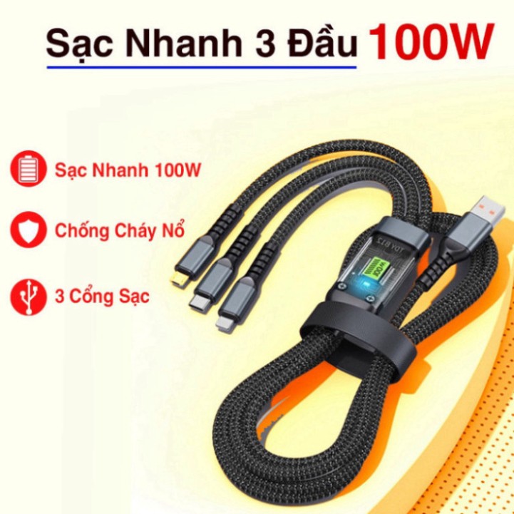Dây Cáp Sạc Siêu Nhanh Tự Ngắt Bọc Dù 100W 3 Đầu , Micro USB Type C 3 Trong 1 Dây Cáp Dữ Liệu | BigBuy360 - bigbuy360.vn