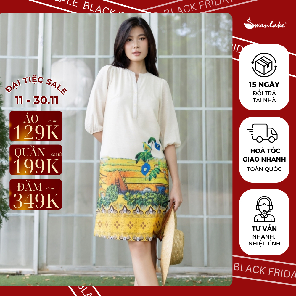 SWANLAKE | Váy Đầm Suông Cổ Trụ Cài Nút Tay Bí Lỡ Vải Linen Lụa Chân Bông Họa Tiết Quê Hè - D11086