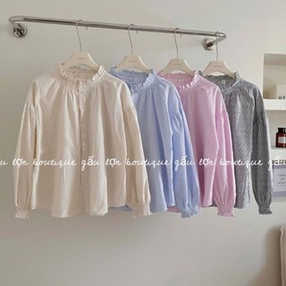 áo sơ mi kẻ sọc cổ trụ viền bèo tay bo chun dáng babydoll