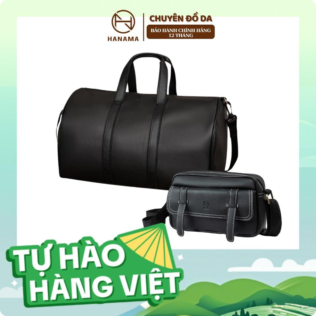 Bộ đôi sản phẩm Hanama túi du lịch kèm túi đeo chéo cao cấp Mic6zin1-so4 Bag Nam Đen chất da chống nước khóa Kem mạ đồng | BigBuy360 - bigbuy360.vn