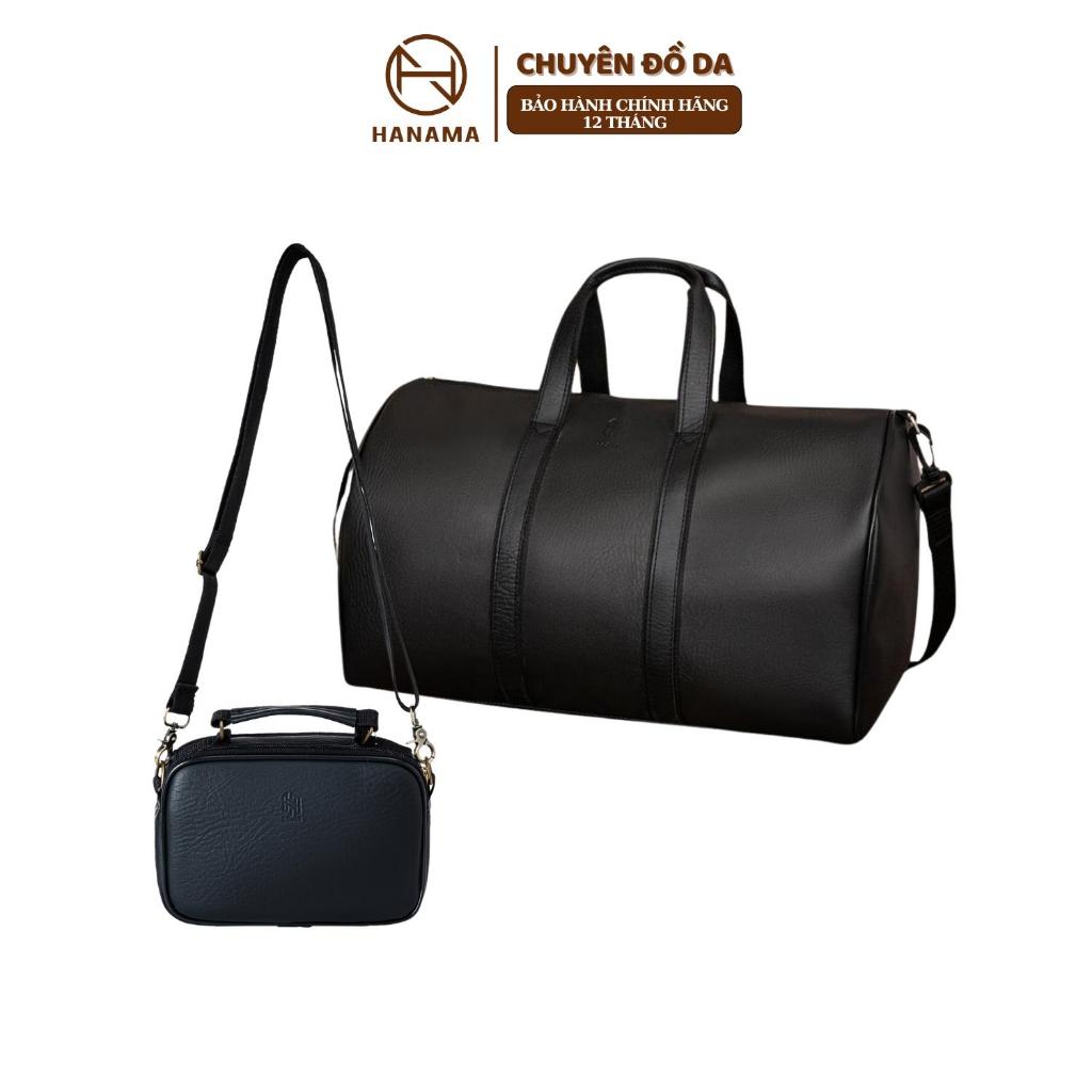 Bộ đôi sản phẩm Hanama túi du lịch kèm túi đeo chéo cao cấp Mic6zin1-so4 Bag Nam Đen chất da chống nước khóa Kem mạ đồng | BigBuy360 - bigbuy360.vn