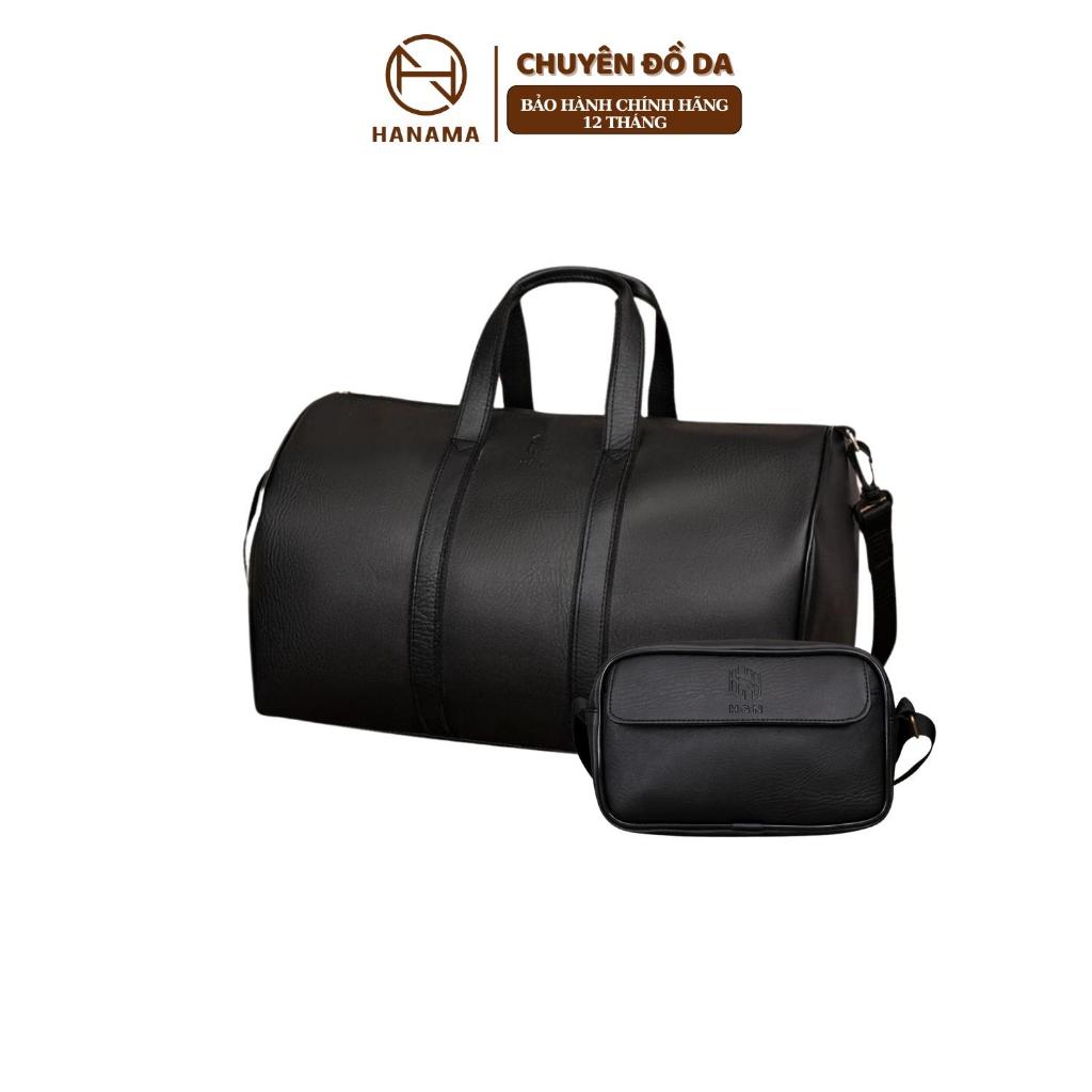 Bộ đôi sản phẩm Hanama túi du lịch kèm túi đeo chéo cao cấp Mic6zin1-so4 Bag Nam Đen chất da chống nước khóa Kem mạ đồng | BigBuy360 - bigbuy360.vn