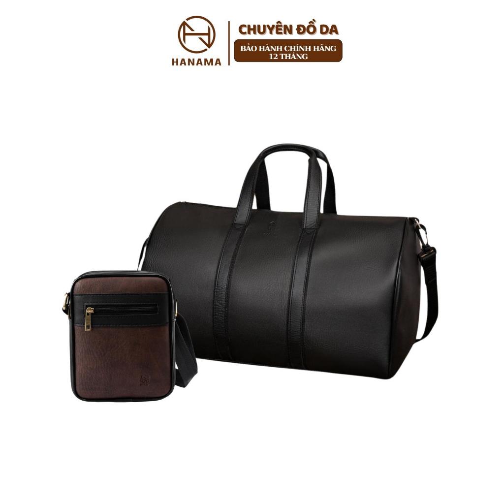 Bộ đôi sản phẩm Hanama túi du lịch kèm túi đeo chéo cao cấp Mic6zin1-so4 Bag Nam Đen chất da chống nước khóa Kem mạ đồng | BigBuy360 - bigbuy360.vn
