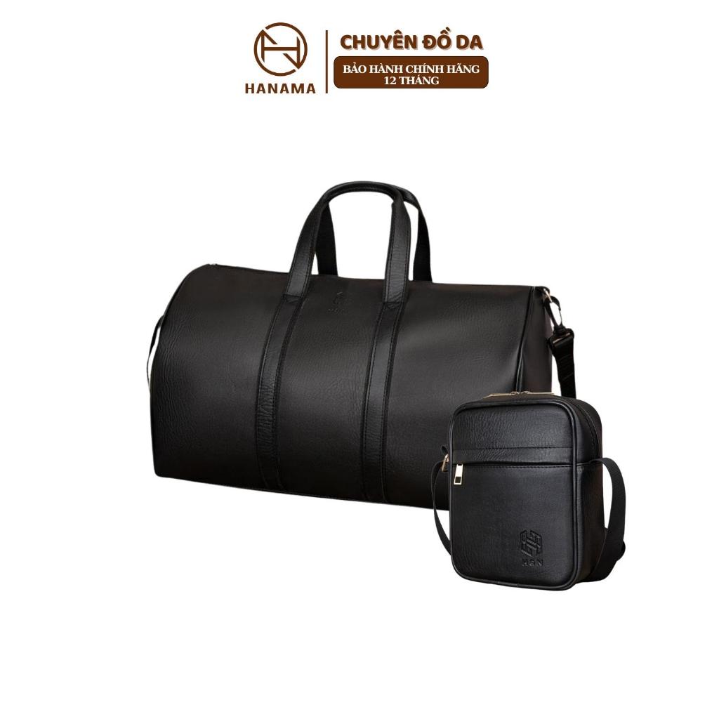 Bộ đôi sản phẩm Hanama túi du lịch kèm túi đeo chéo cao cấp Mic6zin1-so4 Bag Nam Đen chất da chống nước khóa Kem mạ đồng | BigBuy360 - bigbuy360.vn