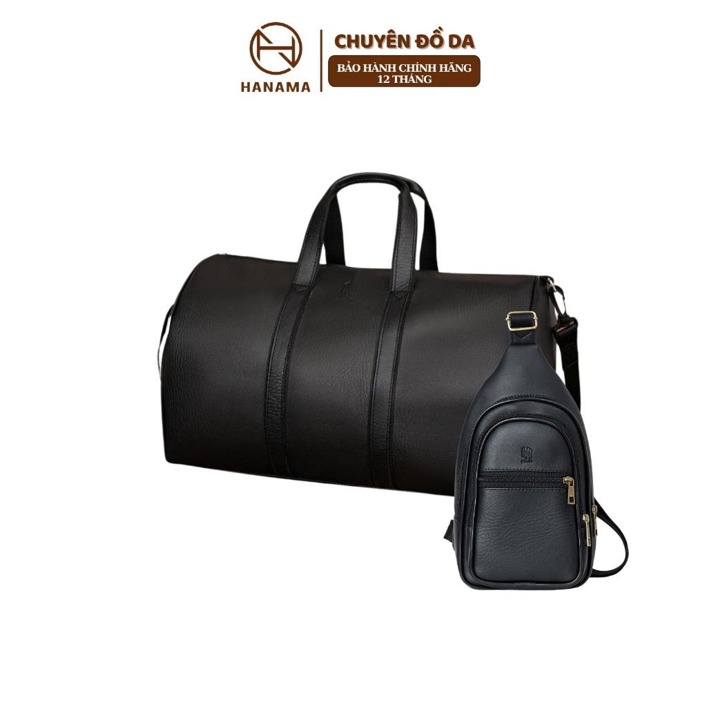 Bộ đôi sản phẩm Hanama túi du lịch kèm túi đeo chéo cao cấp Mic6zin1-so4 Bag Nam Đen chất da chống nước khóa Kem mạ đồng | BigBuy360 - bigbuy360.vn