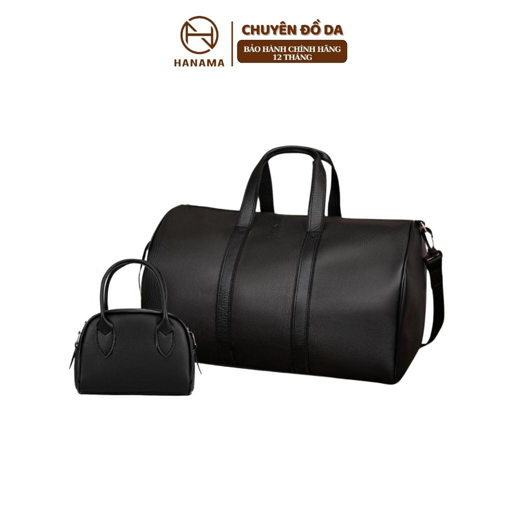 Bộ đôi sản phẩm Hanama túi du lịch kèm túi đeo chéo cao cấp Mic6zin1-so4 Bag Nam Đen chất da chống nước khóa Kem mạ đồng | BigBuy360 - bigbuy360.vn