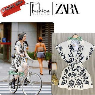 (Chính hãng size XS)Váy mini ZARA 8140/740 LINEN buộc dây lưng hoạ tiết hoa đen (kèm ảnh thật)
