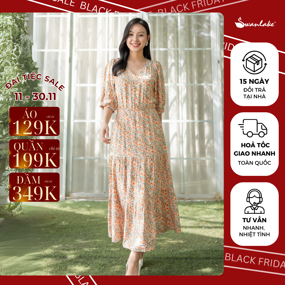- Váy Đầm Maxi Dáng Dài Thắt Eo Vải Linen Hoa Cổ V Tay Lỡ Phồng Họa Tiết Hoa Lá Mùa Hè Du Lịch - D09792