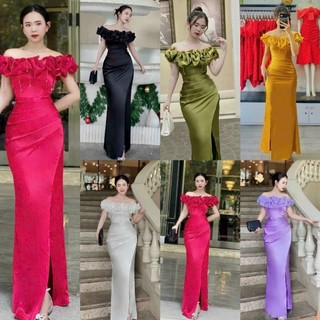Đầm dạ hội thiết kế trễ vai bèo ngực phi lụa đính kết đá cao cấp-TKO TẶNG HOA TAI