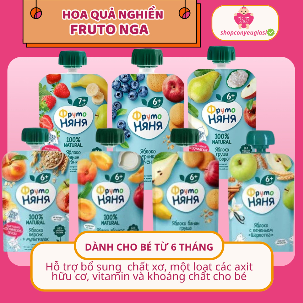 Nước Ép Trái cây, hoa quả nghiền Fruto Nga, trái cây rau củ nguyên chất, chất lượng, 90g