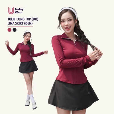 Set đồ tập áo Jolie Long Top đỏ mix chân váy Lina skirt đen Today U Wear