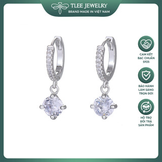 Khuyên tai bạc nữ TLEE tròn đá chốt bấm tua dài trụ đá nhỏ bốn chấu xinh xắn TLEE JEWELRY B0424