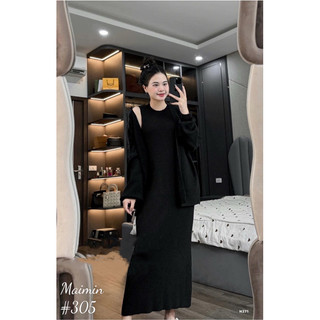 (ảnh thật)Bộ sét len váy sát nách liền dáng dài kèm áo carigan len dày dặn