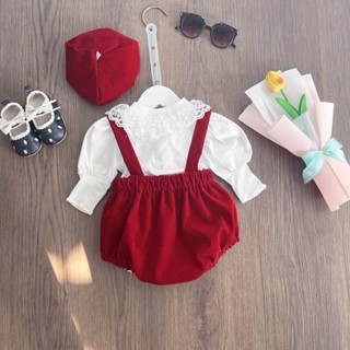 Bodysuit Thu Đông Dài Tay Cho Bé Gái Set Body Áo Trắng Yếm Nhung Đỏ Tay Bồng Cho Bé 3-11kg
