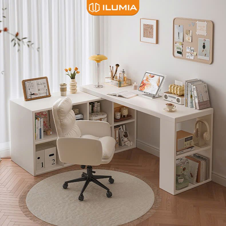 Bàn làm việc kèm kệ để đồ thông minh thiết kế xoay 360 độ thương hiệu ILUMIA - GP368