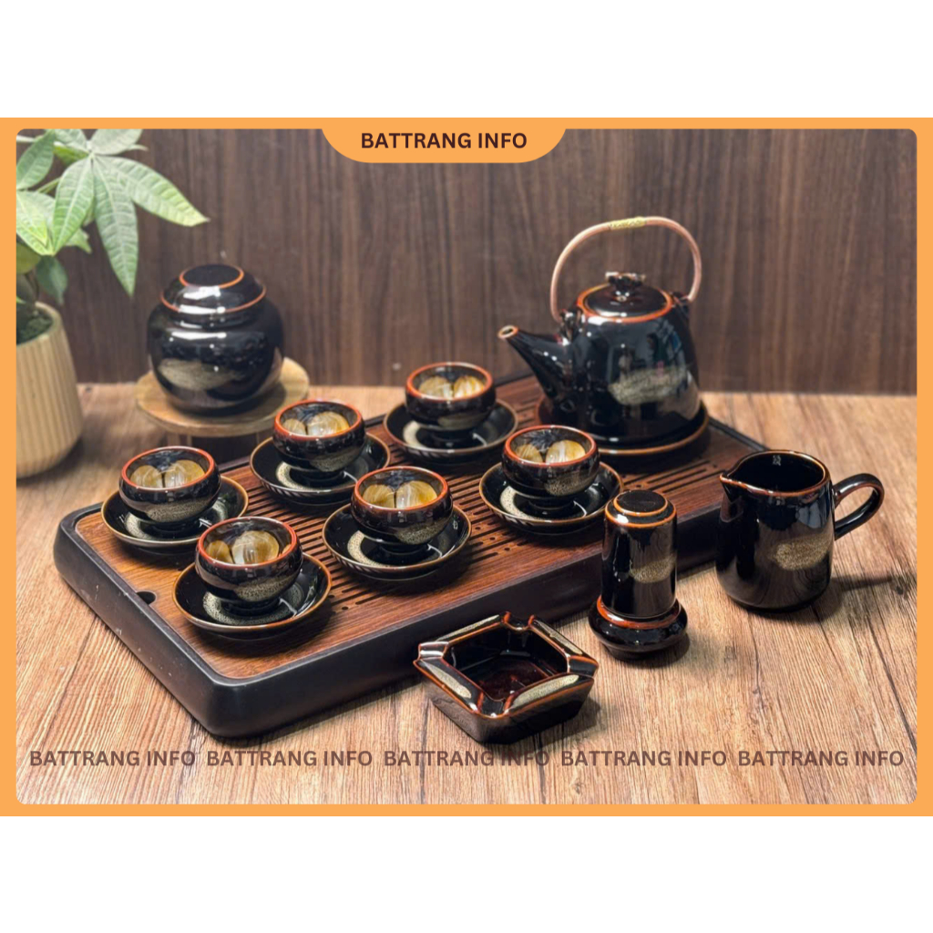 (2 MẪU) Bộ ấm chén quai đồng quệt vàng màu nâu mật ong, chén lòng hoa, gốm sứ Bát Tràng cao cấp