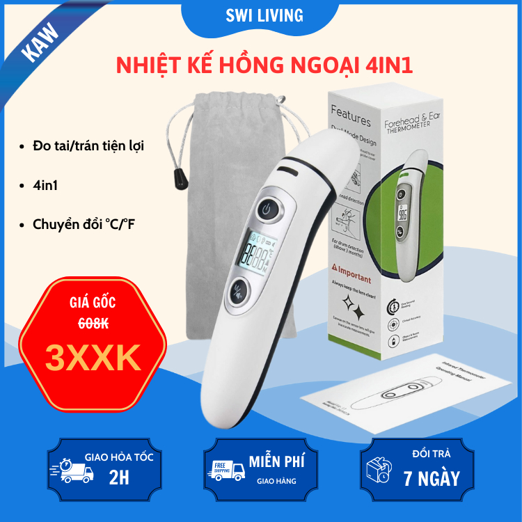 Nhiệt kế điện tử hồng ngoại KAW/SWI 4in1 độ chính xác cao đo trán,đo tai không tiếp xúc,đo nhiệt độ vật thể,BH 12 Tháng