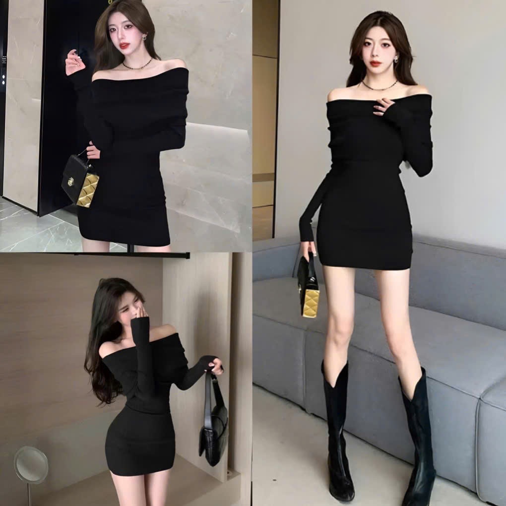 Váy len ôm body trễ vai dài tay màu đen, Đầm nữ body tôn dáng basic hottrend 2024 hàn quốc