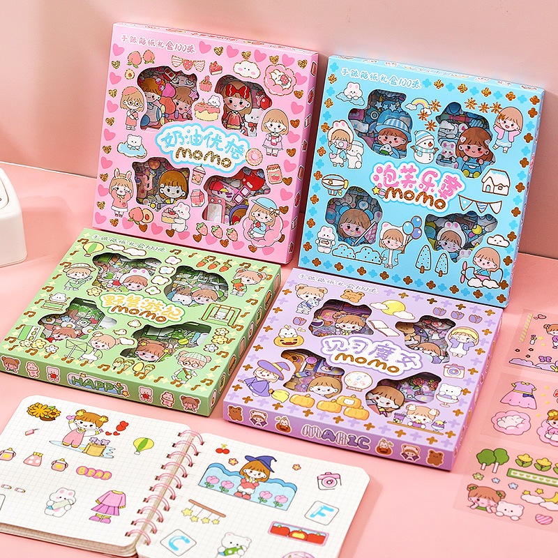 PVN45108 set hộp 100 tấm sticker 1000 hình dán chống nước nhiều phong cách cute dễ thương
