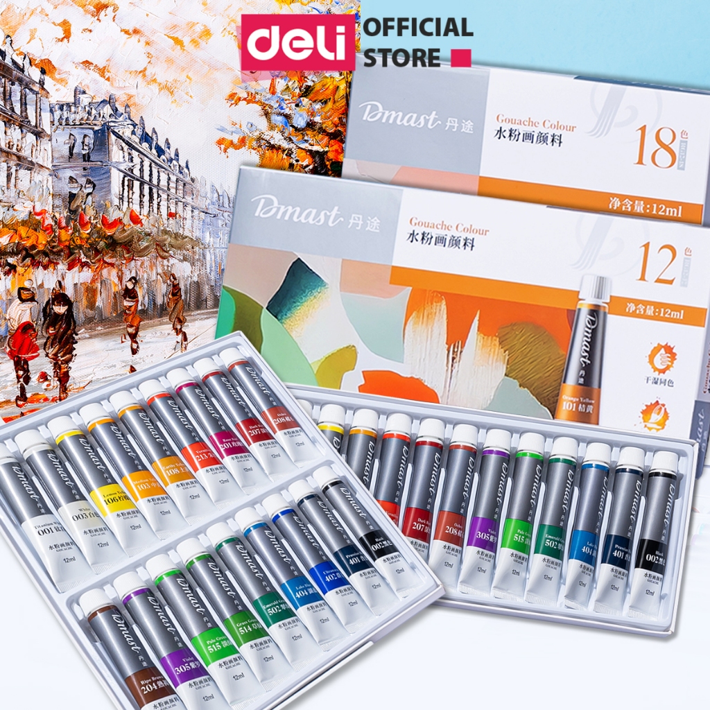 Màu Gouache Màu Nước Dmast Dạng Tuýp 12ml Cao Cấp Deli - 12/18/24/36ml - Màu Tươi Sáng Vẽ Tranh Tô M