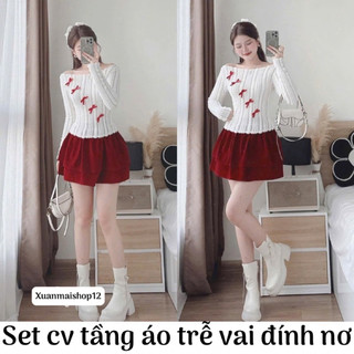 Set 2 món áo trễ vai lông xù đính nơ phối chân váy tầng nhung đỏ mặc Noel lễ Tết đi chơi chụp ảnh