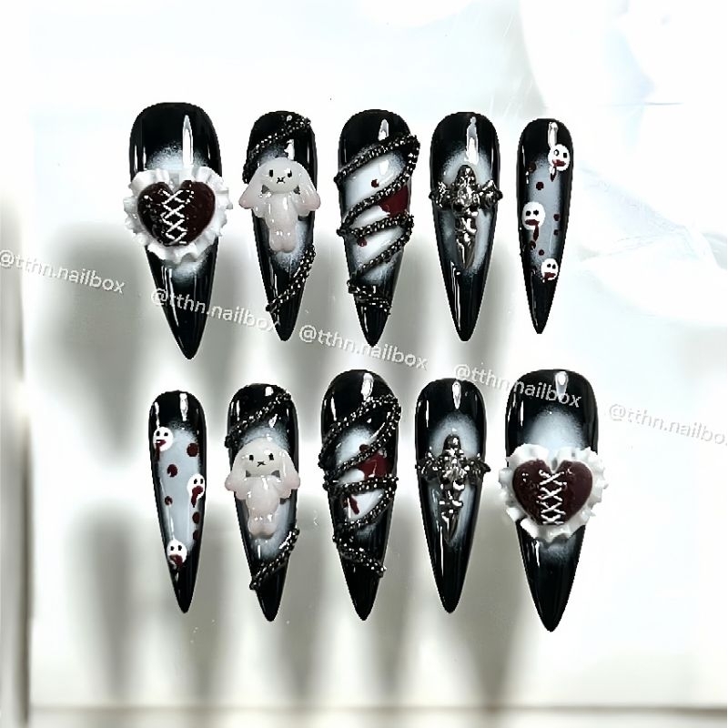 Nailbox Thiết Kế [T83] Tone Đen Ombre Trắng Design Thỏ Nặn Charm Dây Xích Cá Tính