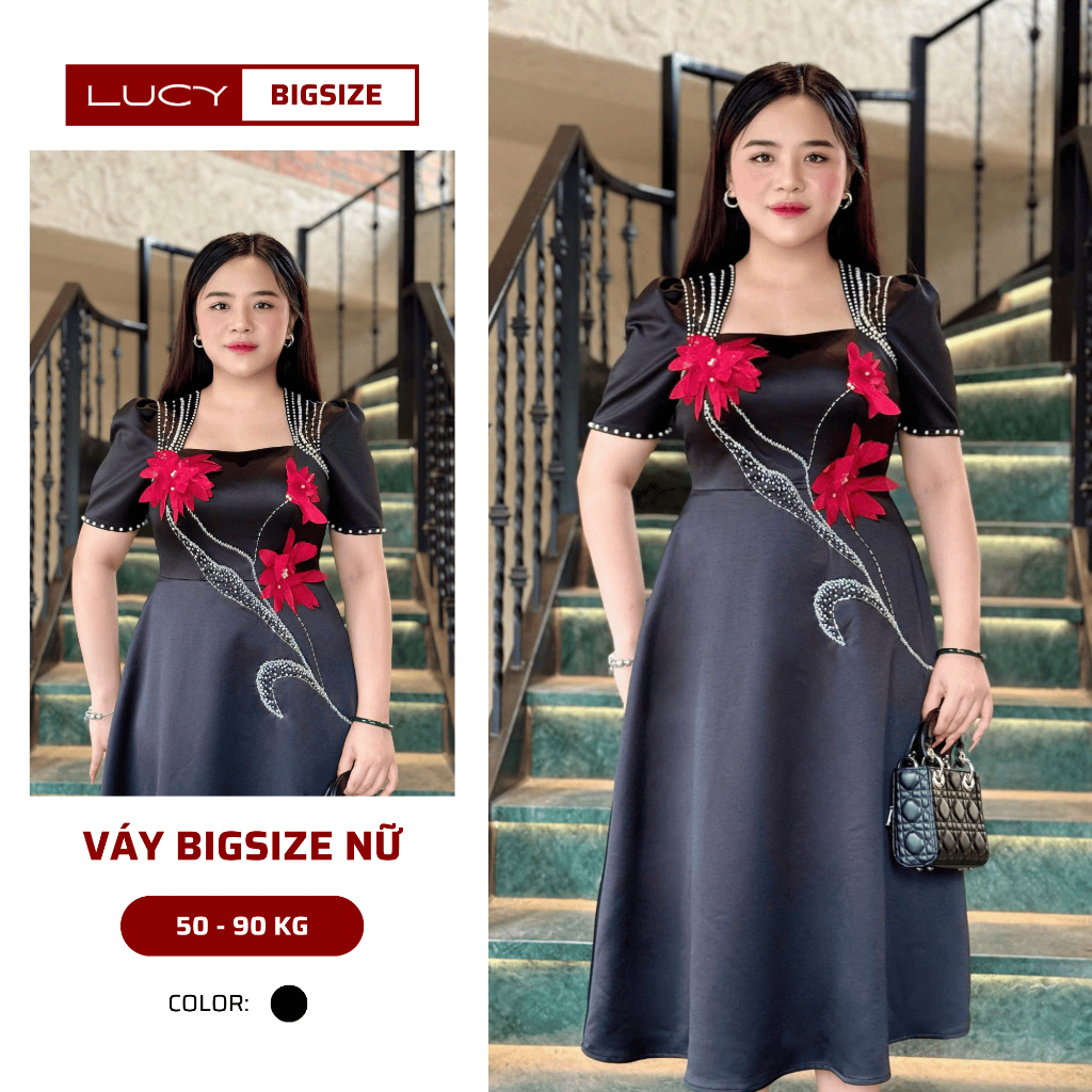 Váy đầm Bigsize nữ cổ vuông đính hoa nổi đi chơi dự tiệc sang chảnh 50-90kg - LUCY Bigsize (LC24-141