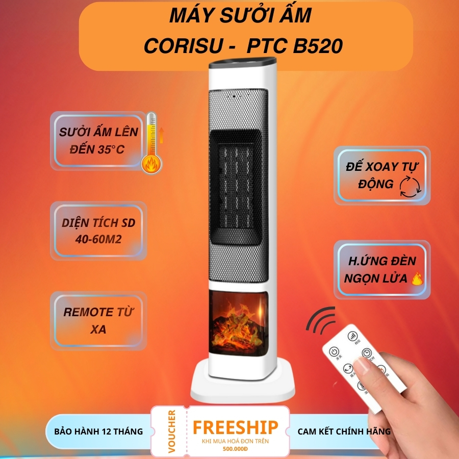Quạt sưởi gốm PTC Corisu B520 2000W, điều khiển cảm ứng, có đế xoay và đèn ngủ