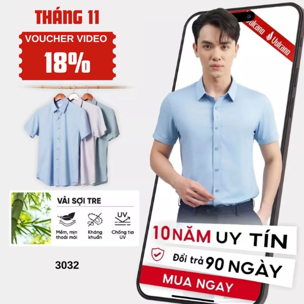Áo sơ mi ngắn tay nam Vulcano vải bamboo trơn, sợi tre cao cấp, hạn chế nhăn nhàu, mềm mịn, mát 3032