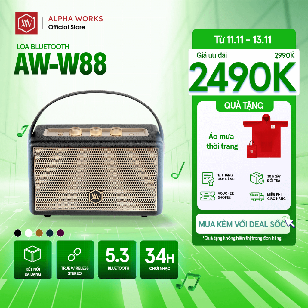 Loa Bluetooth Alpha Works AW W88 Công Suất PEAK 90W Bluetooth 5.3 Pin 5000 mAh Sử Dụng Tới 34h Liên Tục Kết Nối 2 Loa