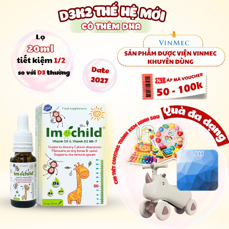  D3 K2 Thế Hệ Mới Vitamin D3K2 imochild Hỗ Trợ Phát Triển Chiều Cao Cho Bé - D3 K2 IMOCHILD Lọ 20ml 