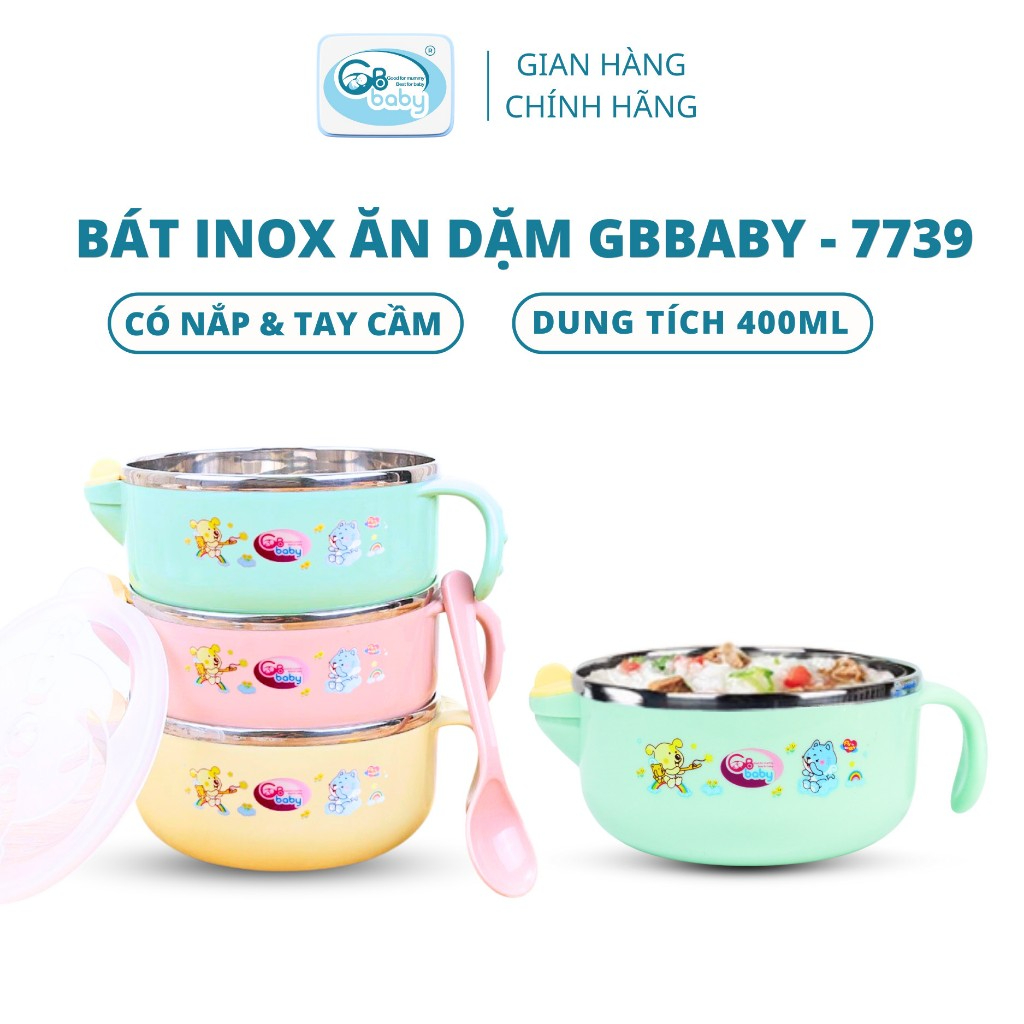 Bát ăn dặm Inox GB-Baby 7739 tặng kèm thìa cùng màu tích hợp chức năng hâm thức ăn ở đáy bát cho bé chính hãng