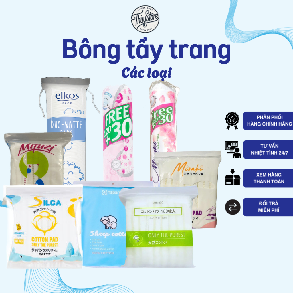 Bông Tẩy Trang Các Loại - Bông tẩy trang Miniso, Elkos, Silca, Mifuzi, Sheep, Ipek, Misaki, Aluco