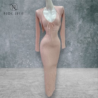 D883 - Đầm Body Nữ Dài Cổ Tim Cột Nơ Lưng V Xẻ Tà Sau (Kèm Khoác) có dây kéo - Ngọc Lucie