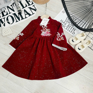Váy Đầm Cho Bé Gái Diện Noel, Tết Chất Nhung Kim Tuyến Thêu Hoa Từ 10kg Đến 25kg Màu Đỏ Đô